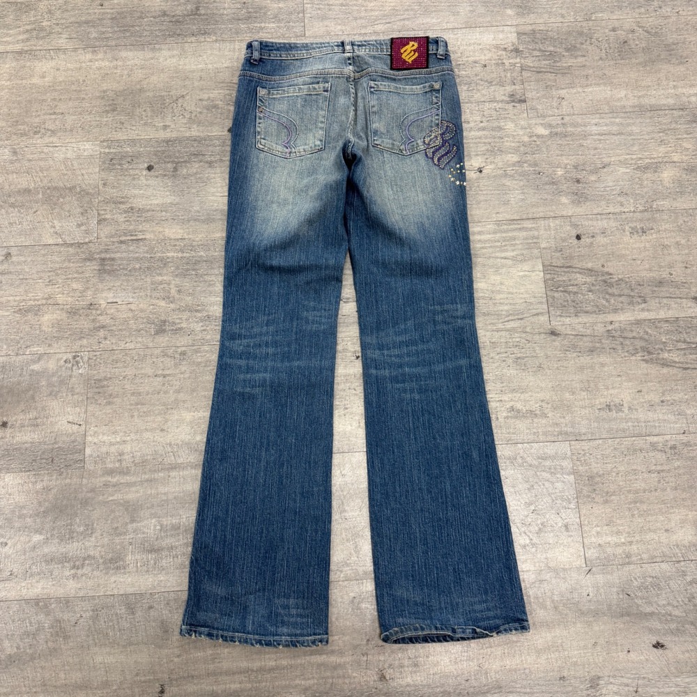 Rocawear Jeans Womens 7 Blue Flare Denim Y2K Rhinestone Studded Low Rise